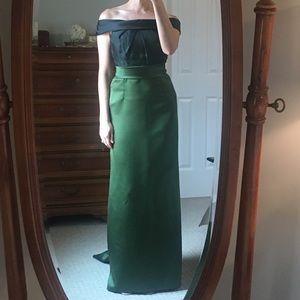 Off the shoulder, floor length dress.